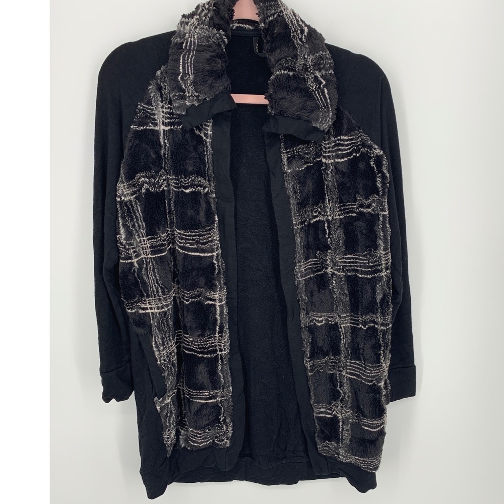 Capote Faux Fur Trim Open Front Cardigan XS Plaid Faux Fur Cozy Layer